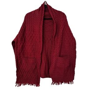 Connemara Knitwear Vintage Merino Wool Cable Knit Shawl Sweater One Size Red